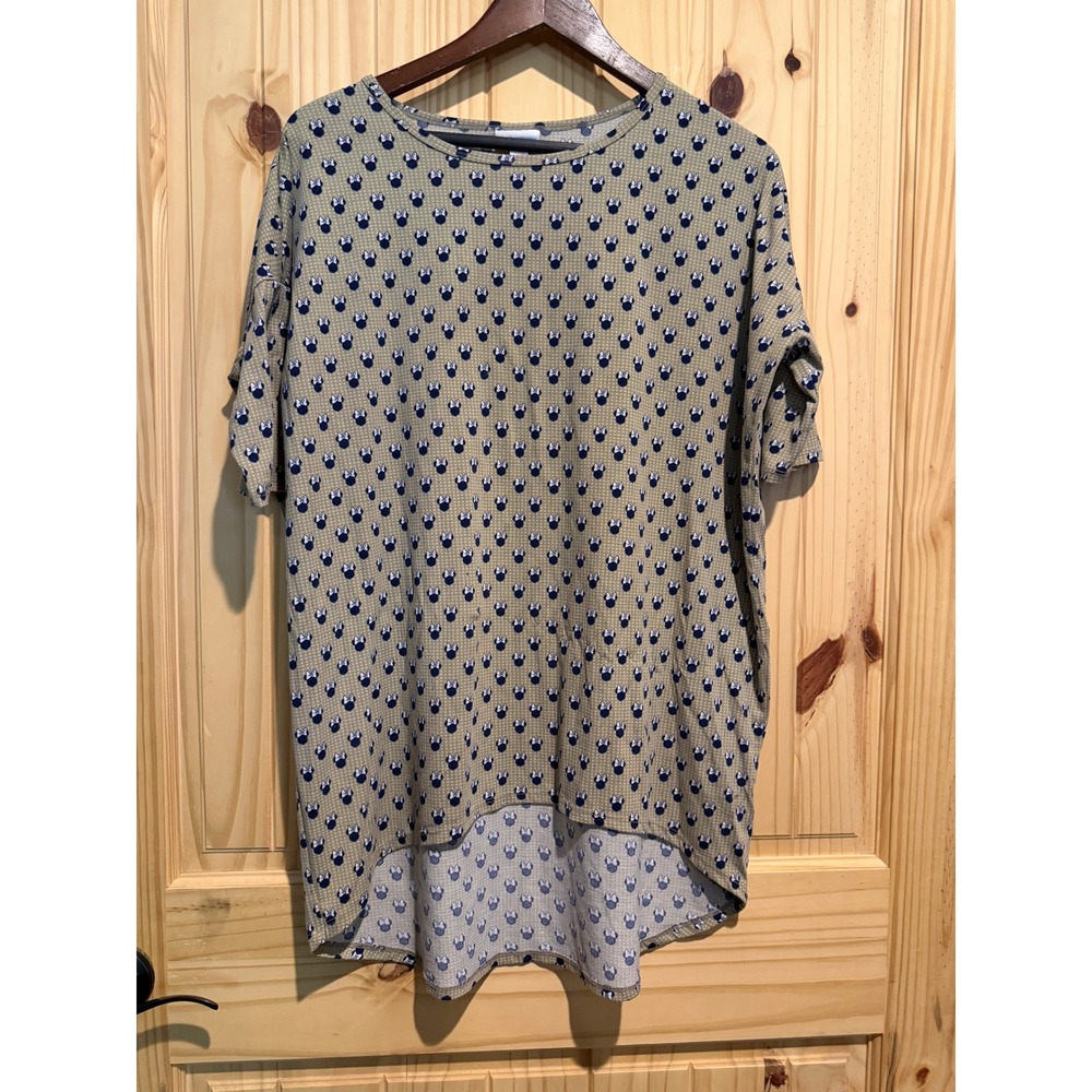 LuLaRoe Disney Irma Tunic Top Small Green Minnie Mouse High Low Short Sleeve